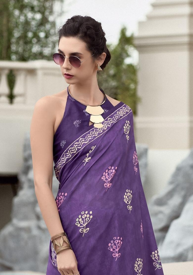 Purple Printed Linen Saree Set - Indya