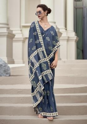 Blue Printed Linen Saree Set
