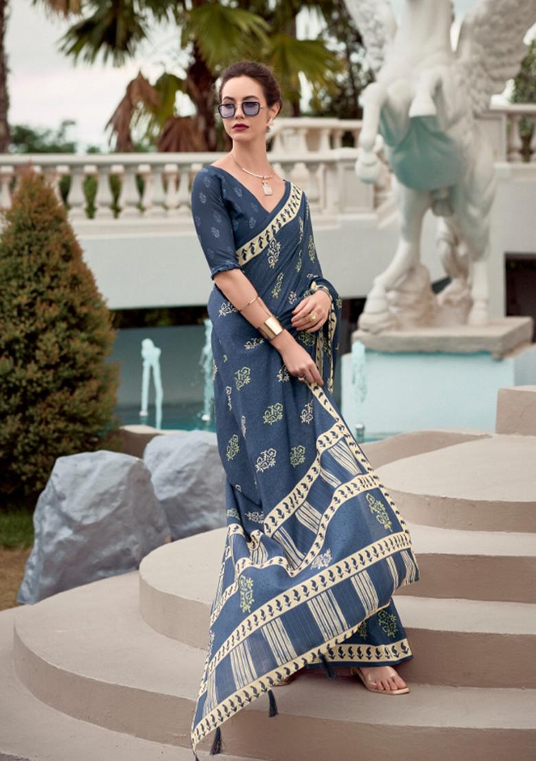 Blue Printed Linen Saree Set - Indya