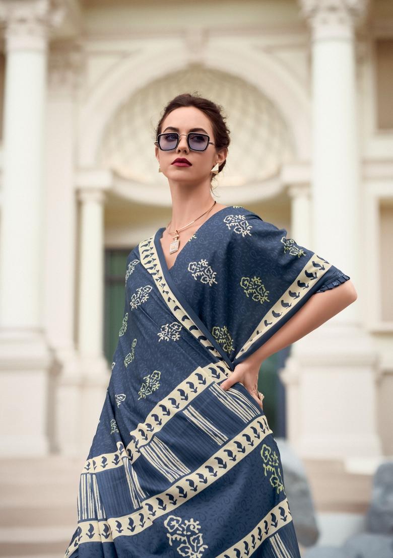 Blue Printed Linen Saree Set - Indya