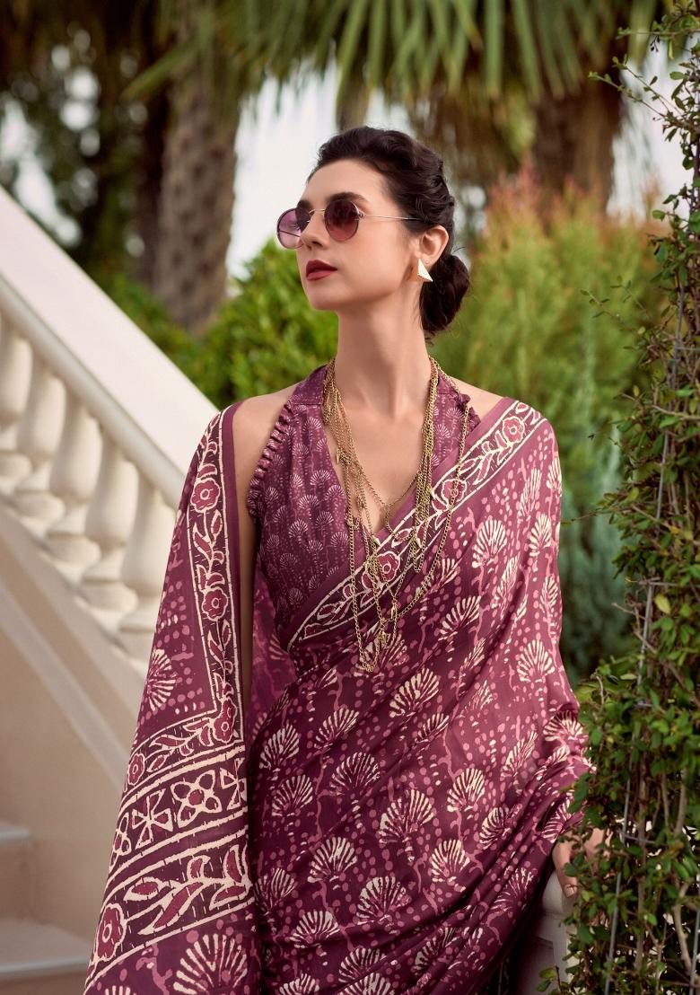 Maroon Printed Linen Saree Set - Indya