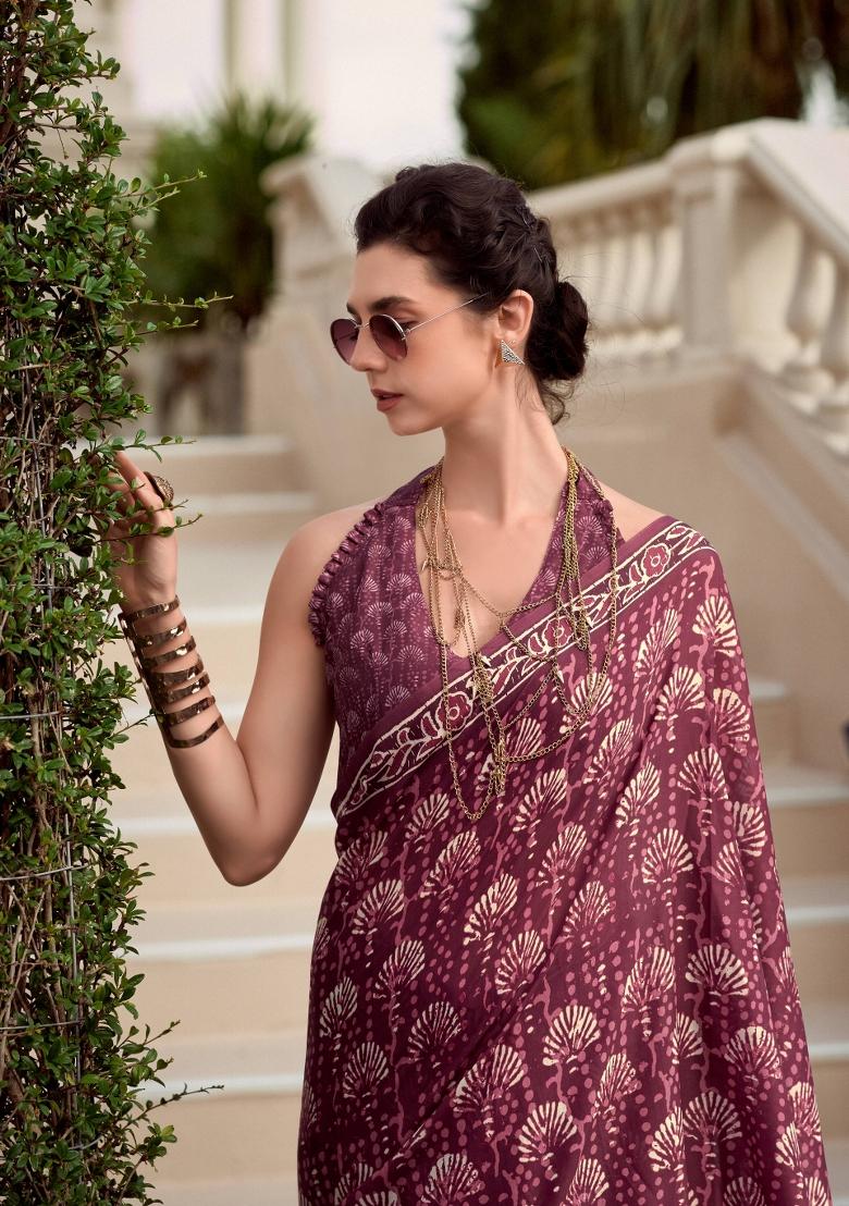 Maroon Printed Linen Saree Set - Indya