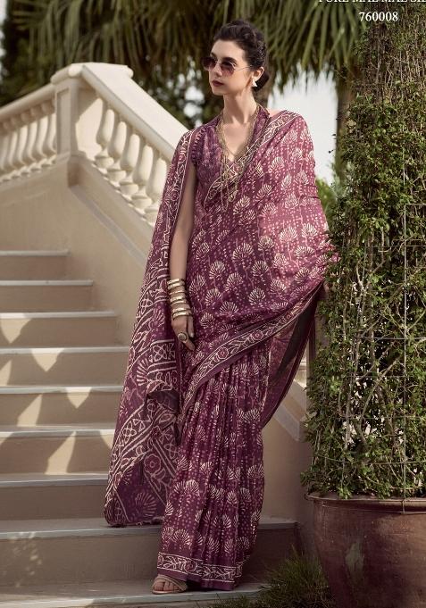 Maroon Printed Linen Saree Set