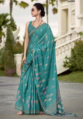 Tourquise Blue Printed Linen Saree Set