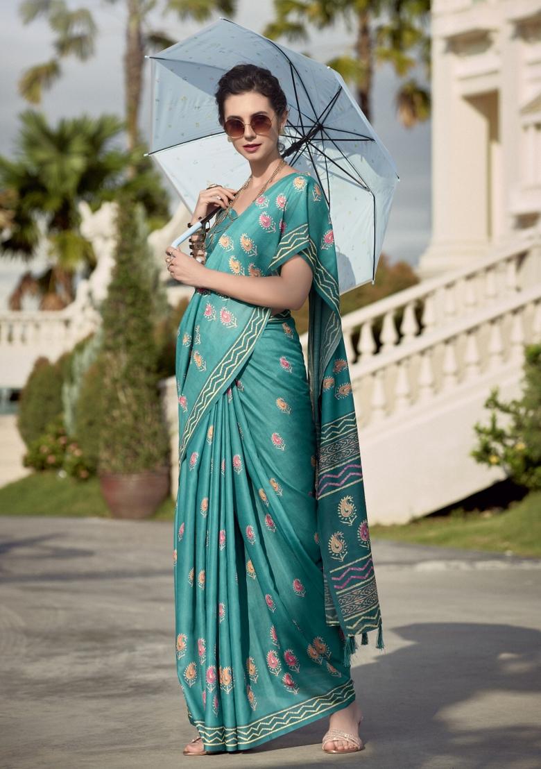 Tourquise Blue Printed Linen Saree Set - Indya