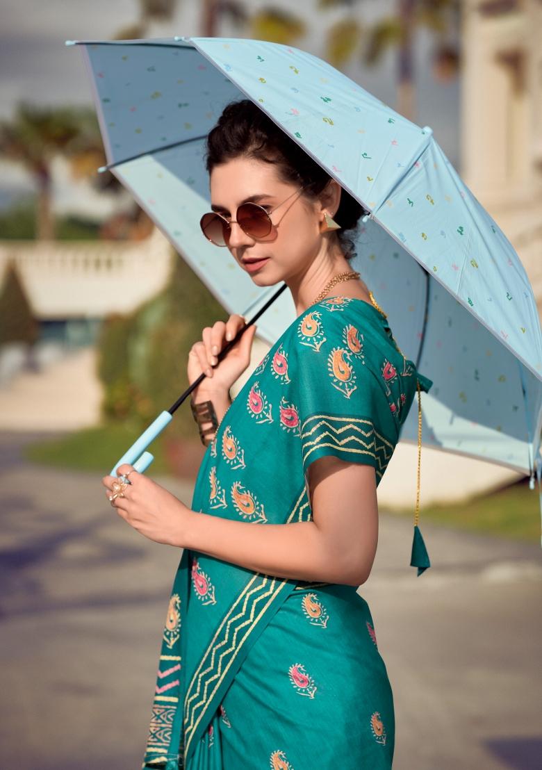Tourquise Blue Printed Linen Saree Set - Indya