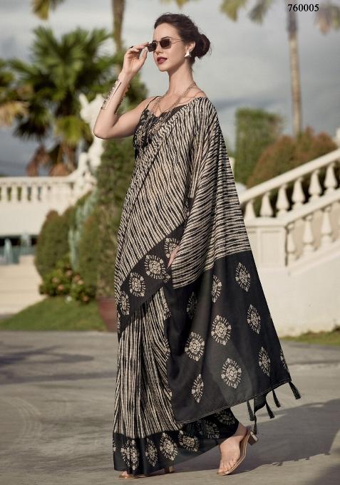 Beige Printed Linen Saree Set