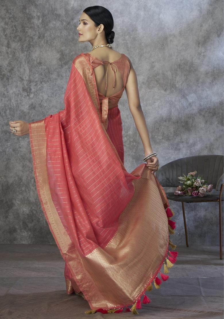 Red Floral Print Silk Blend Saree Set - Indya