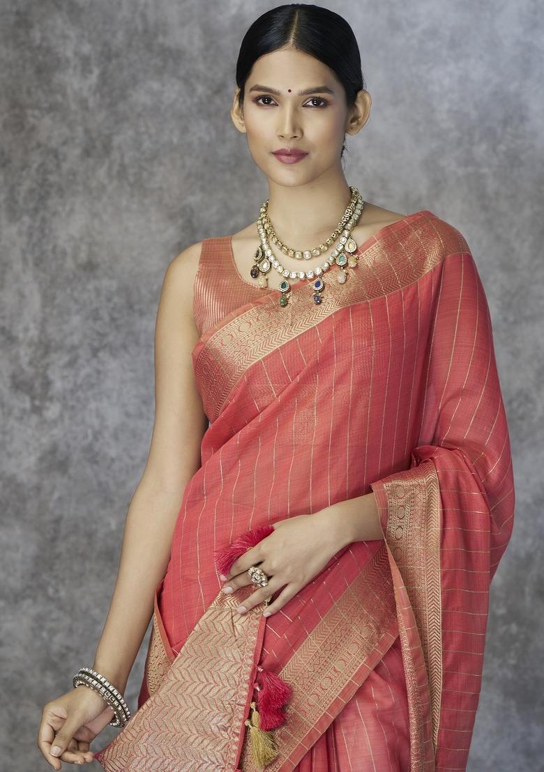 Red Floral Print Silk Blend Saree Set - Indya