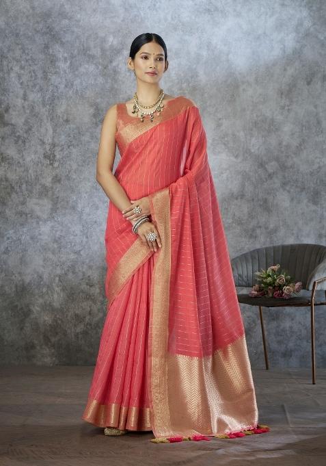Red Floral Print Silk Blend Saree Set
