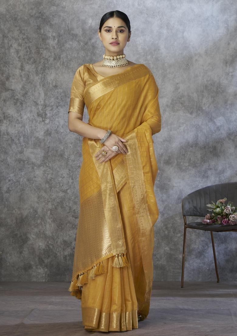 Yellow Floral Print Silk Blend Saree Set - Indya