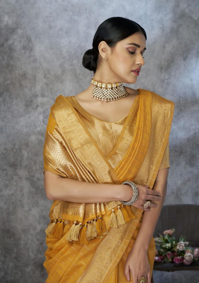 Yellow Floral Print Silk Blend Saree Set - Indya