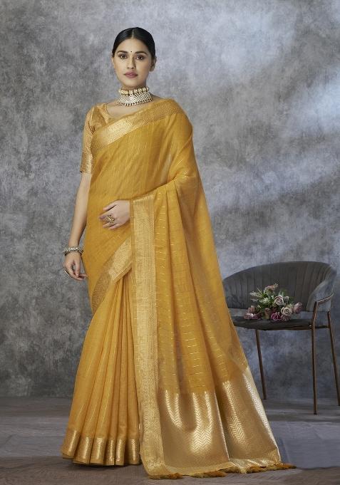 Yellow Floral Print Silk Blend Saree Set