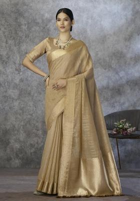 Beige Floral Print Silk Blend Saree Set