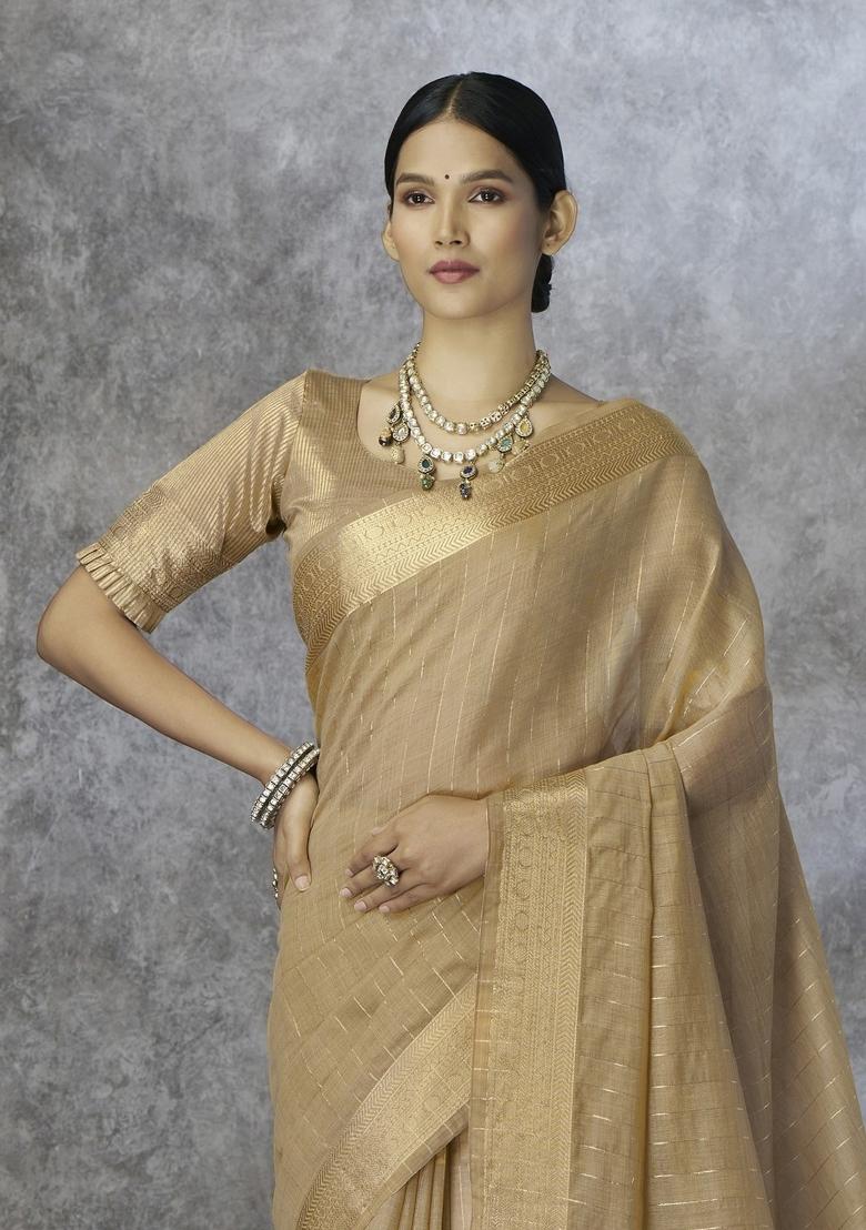 Beige Floral Print Silk Blend Saree Set - Indya