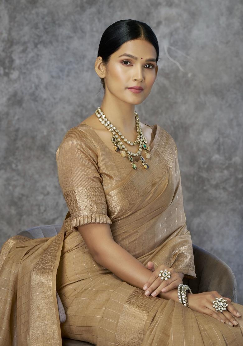 Beige Floral Print Silk Blend Saree Set - Indya