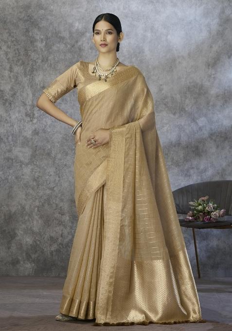 Beige Floral Print Silk Saree Set