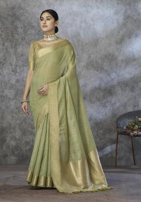 Sea Green Floral Print Silk Blend Saree Set