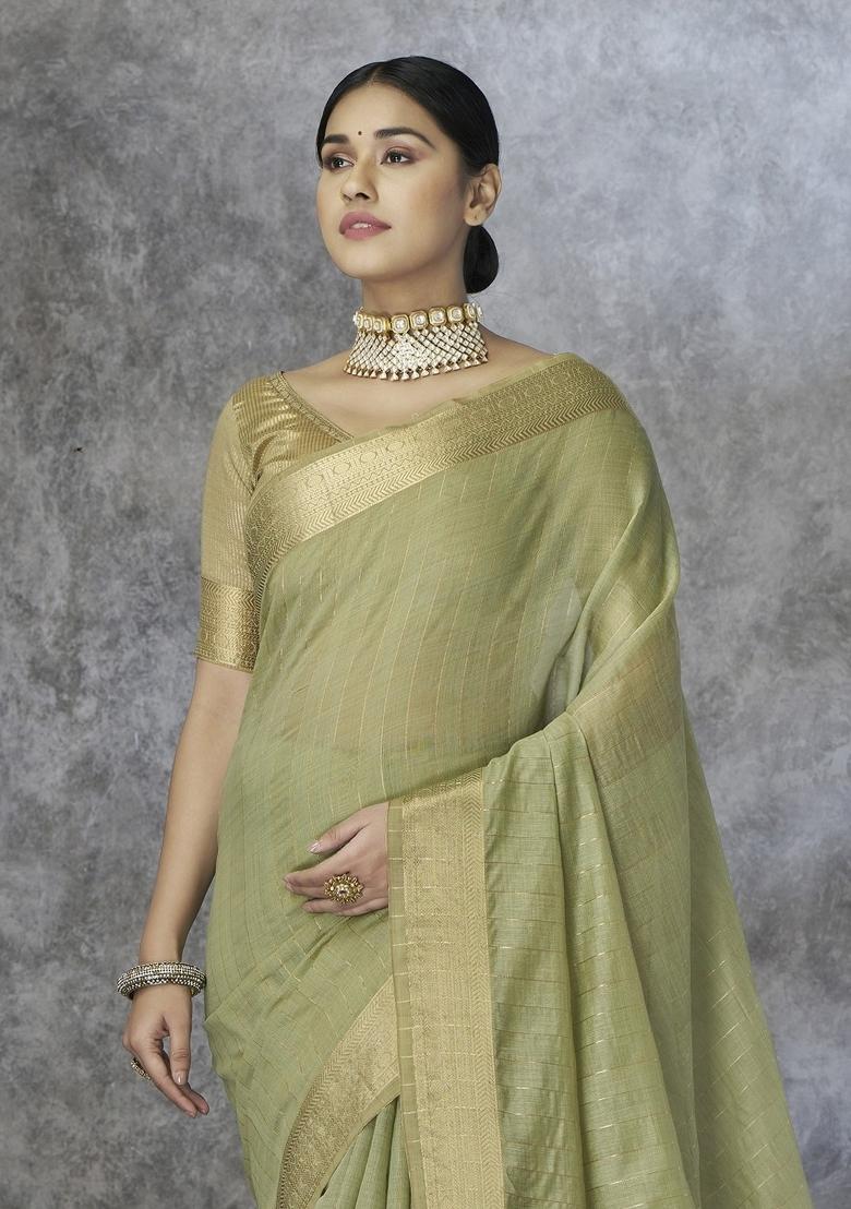 Sea Green Floral Print Silk Blend Saree Set - Indya
