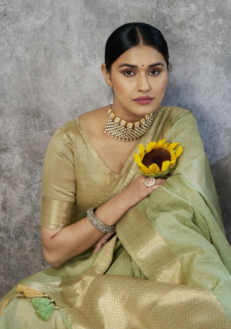Sea Green Floral Print Silk Blend Saree Set - Indya