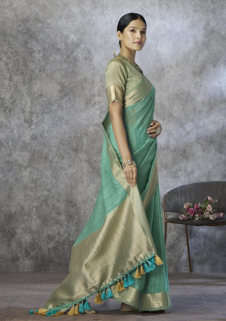 Green Floral Print Silk Blend Saree Set - Indya
