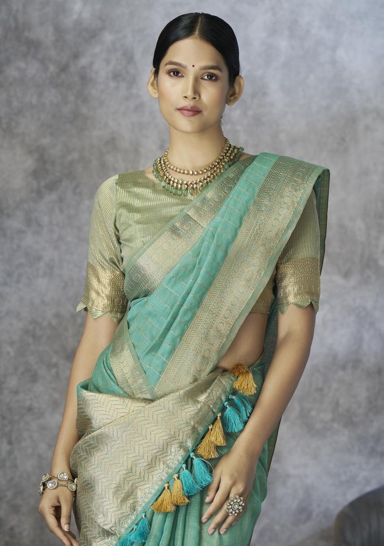 Green Floral Print Silk Blend Saree Set - Indya