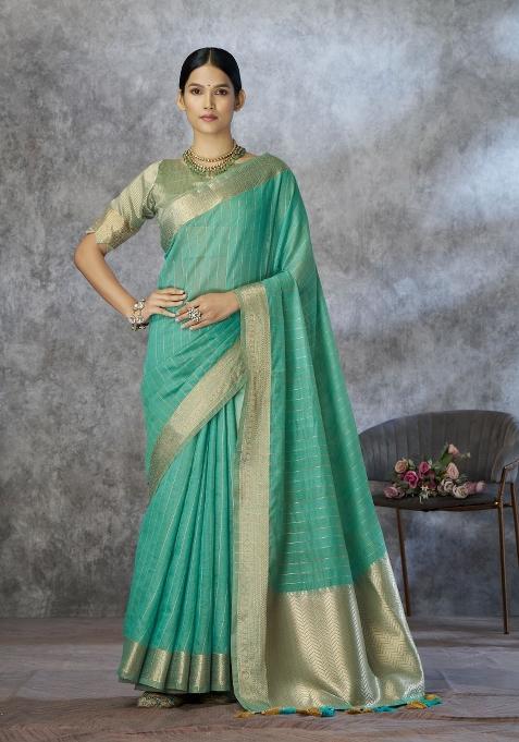 Green Floral Print Silk Blend Saree Set