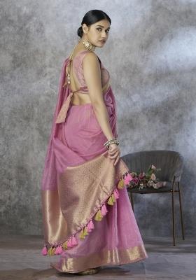 Pink Floral Print Silk Blend Saree Set