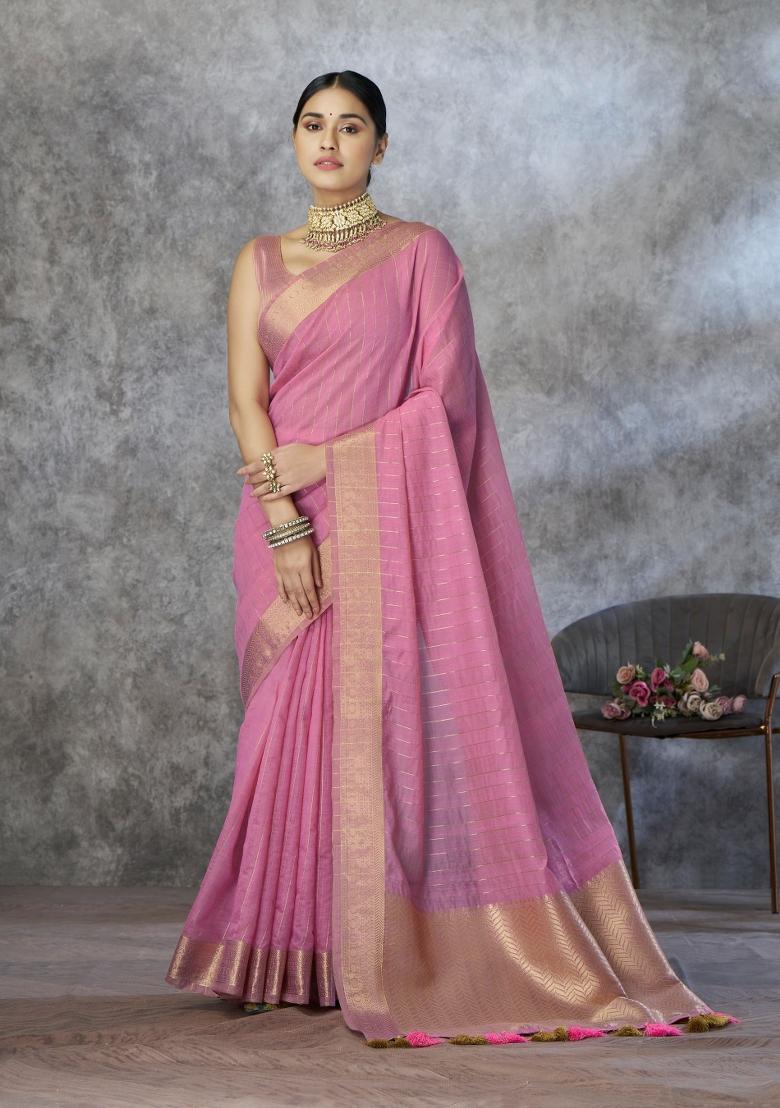 Pink Floral Print Silk Blend Saree Set - Indya
