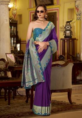 Wine Floral Print Silk Blend Saree Set
