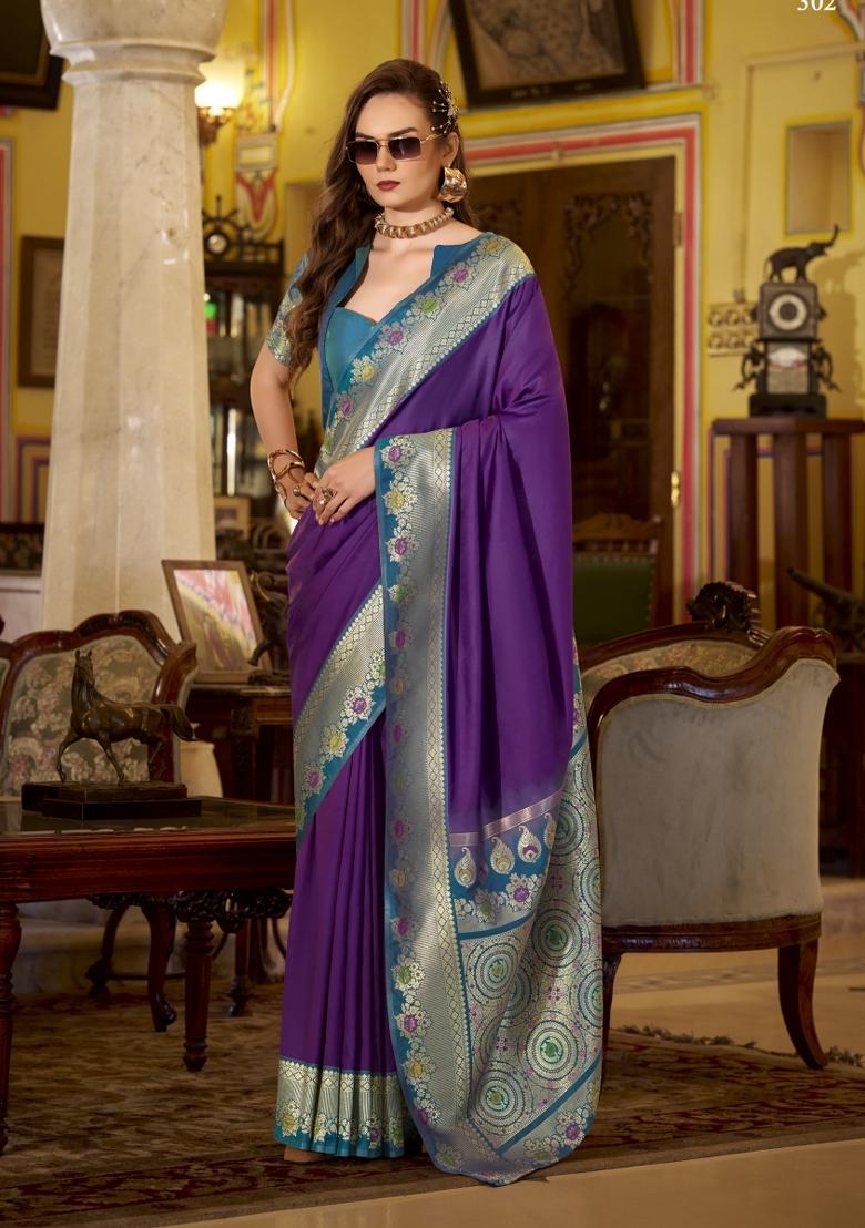 Wine Floral Print Silk Blend Saree Set - Indya