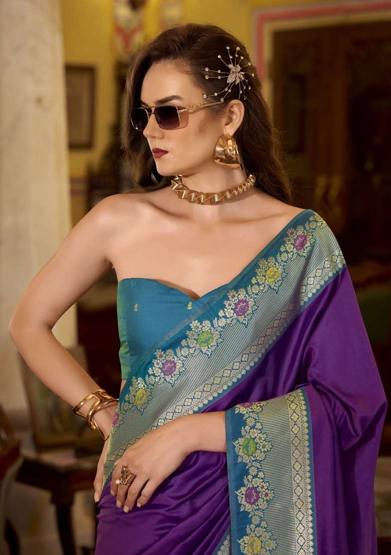 Wine Floral Print Silk Blend Saree Set for Diwali and Festive Wear - Indya