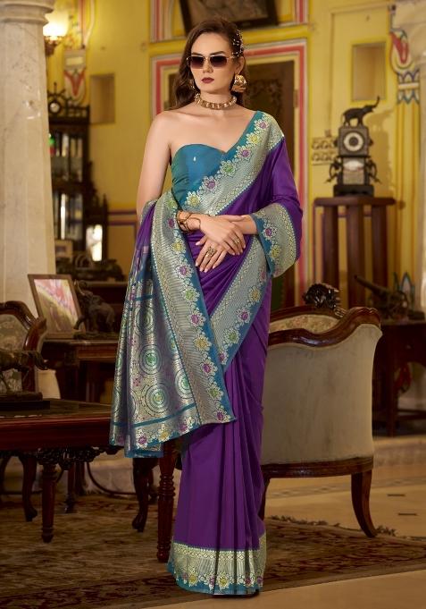 Wine Floral Print Silk Blend Saree Set