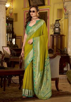 Green Floral Print Silk Blend Saree Set