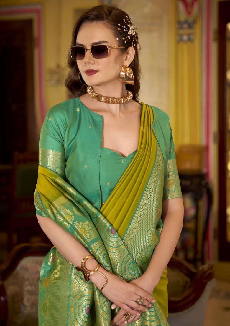 Green Floral Print Silk Blend Saree Set - Indya