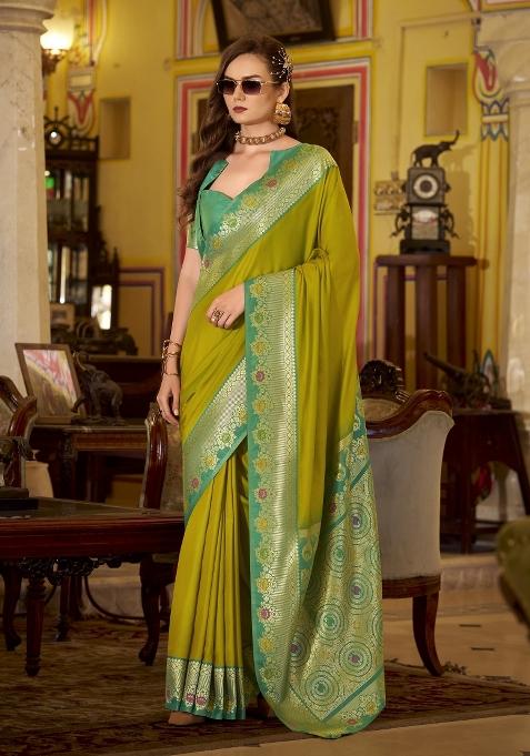 Green Floral Print Silk Blend Saree Set