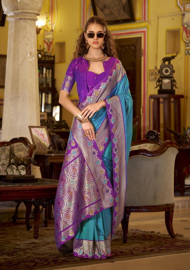 Teal Floral Print Silk Blend Saree Set - Indya