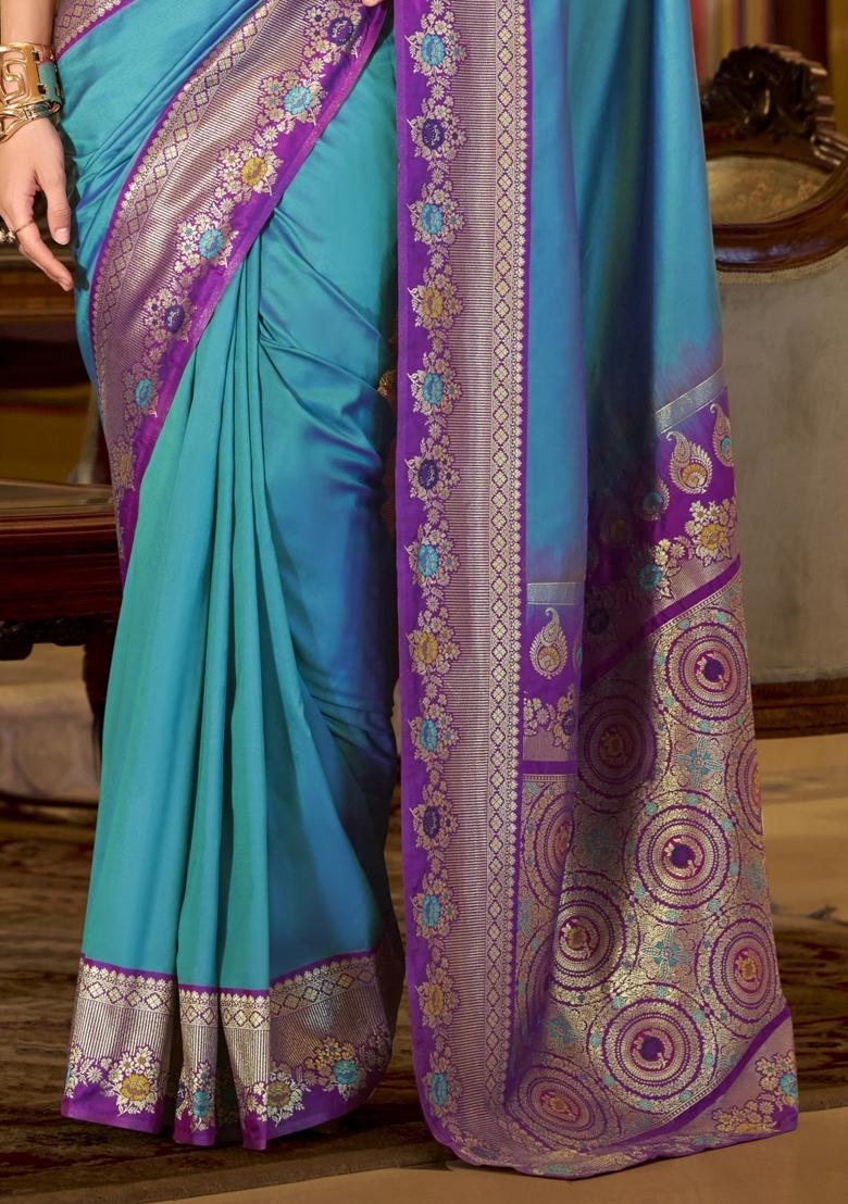 Teal Floral Print Silk Blend Saree Set - Indya