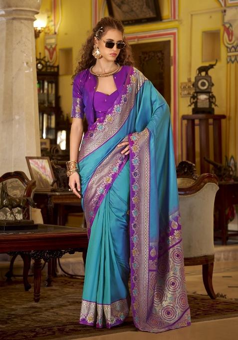 Teal Floral Print Silk Blend Saree Set