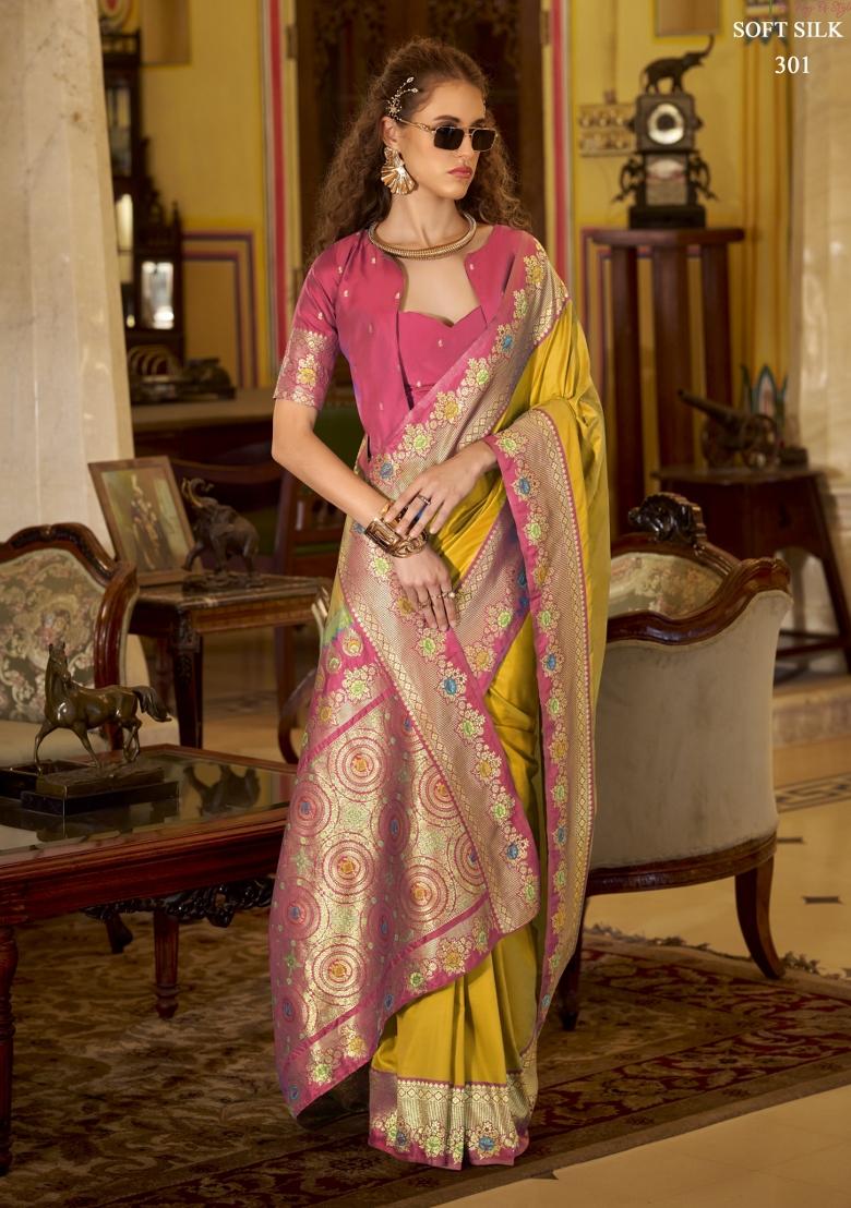 Yellow Floral Print Silk Blend Saree Set - Indya