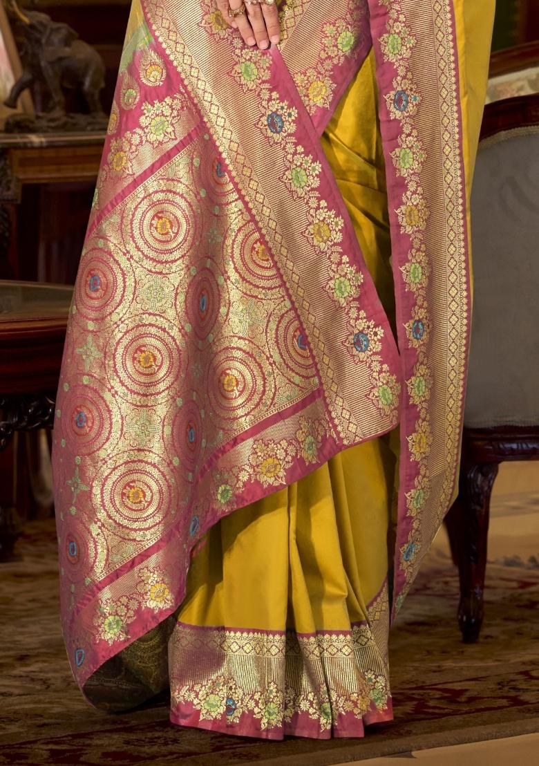 Yellow Floral Print Silk Blend Saree Set - Indya