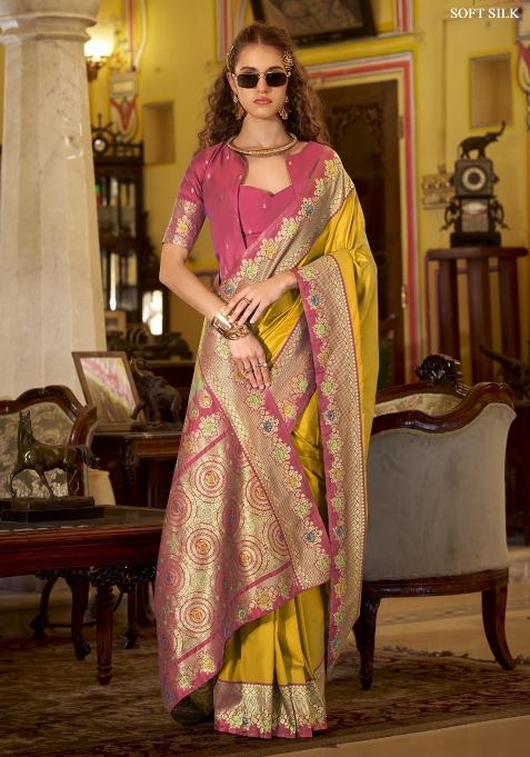 Yellow Floral Print Silk Blend Saree Set