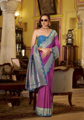 Purple Floral Print Silk Blend Saree Set
