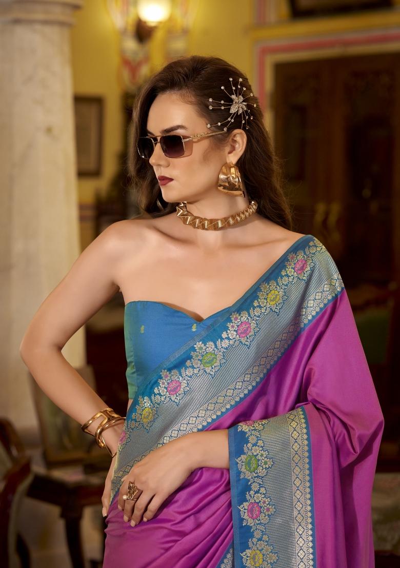 Purple Floral Print Silk Blend Saree Set - Indya