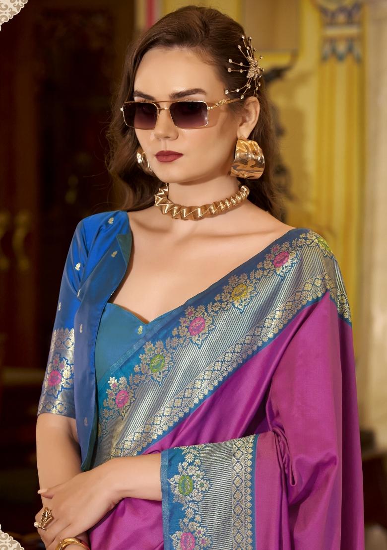 Purple Floral Print Silk Blend Saree Set - Indya
