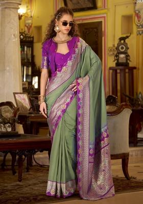 Sea Green Floral Print Silk Blend Saree Set