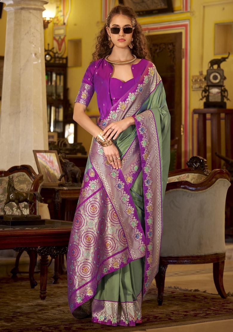 Sea Green Floral Print Silk Blend Saree Set - Indya