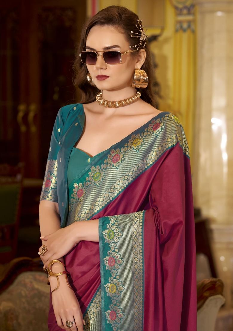Maroon Floral Print Silk Blend Saree Set - Indya