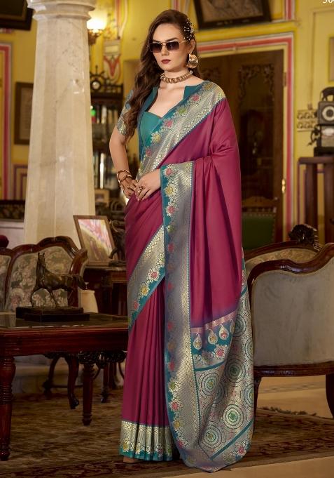 Maroon Floral Print Silk Blend Saree Set