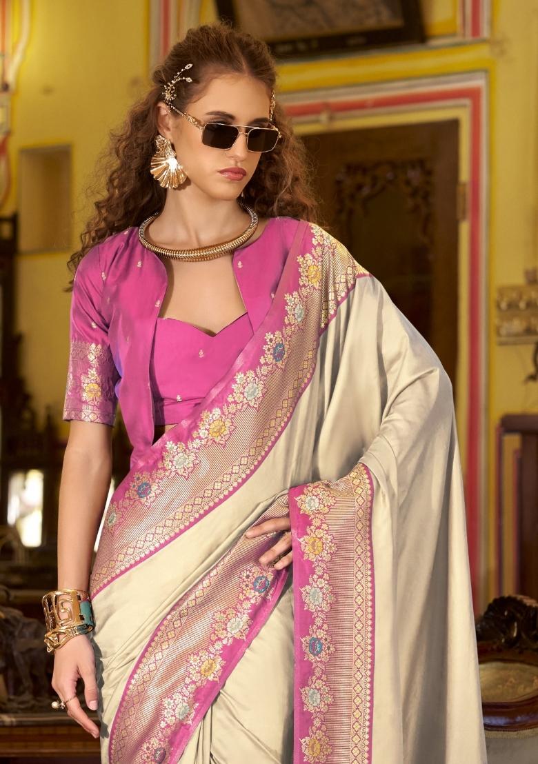 Off White Floral Print Silk Blend Saree Set - Indya
